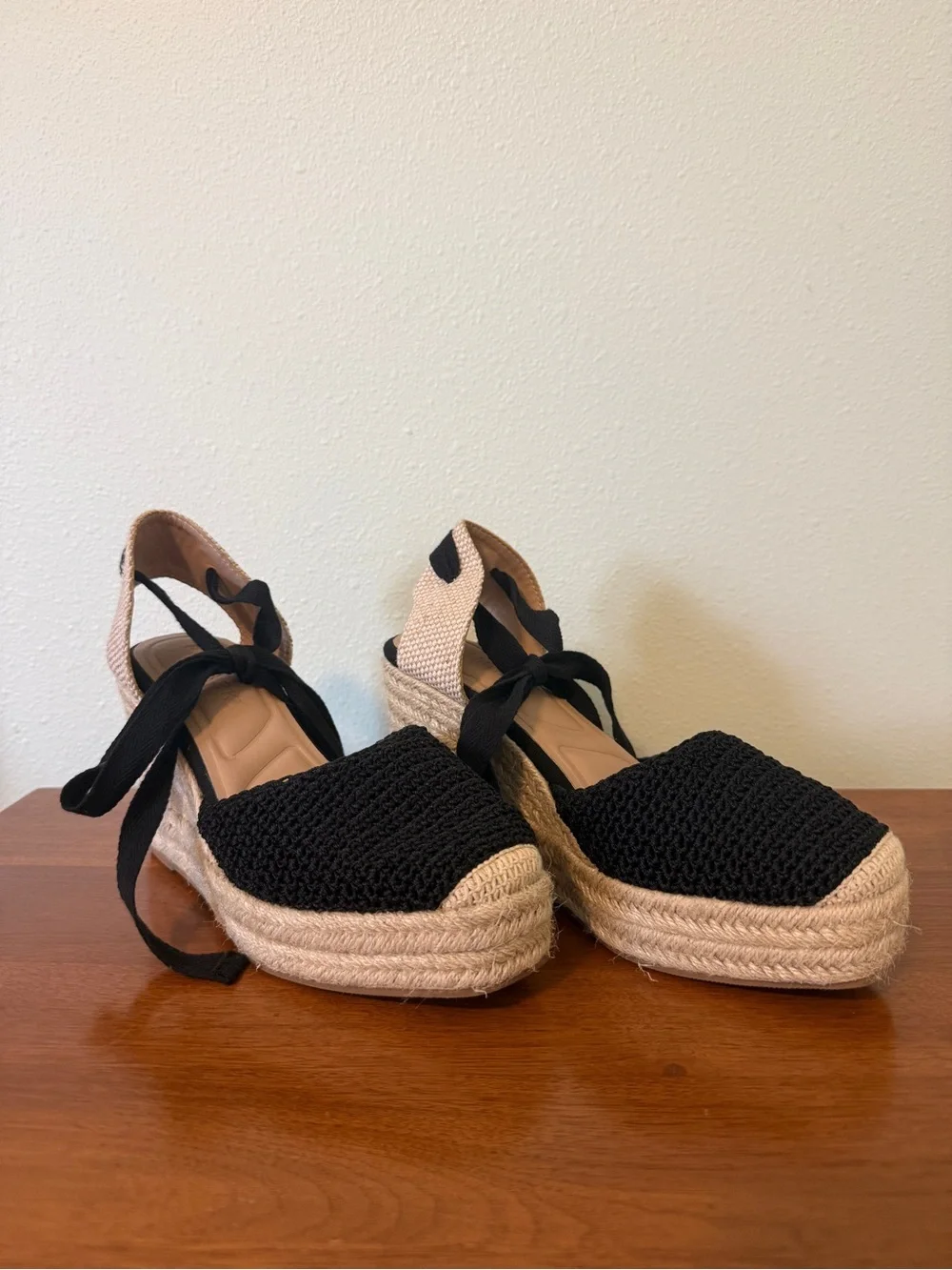 Primark Black Knit Espadrille Wedge Tie-Up Sandals